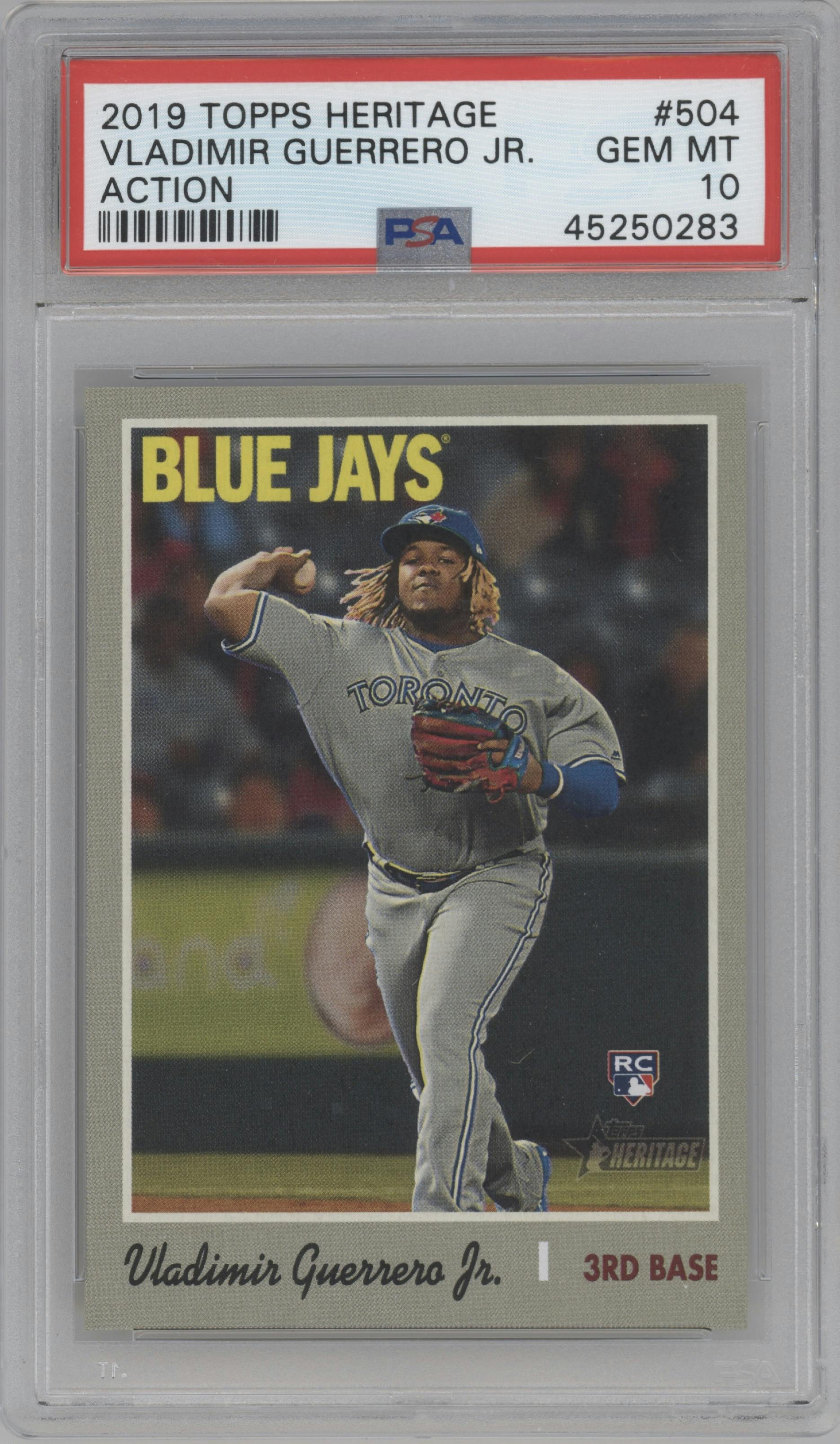 Vladimir Guerrero Jr. from the 2019 Topps Heritage HN set graded by PSA and given an overall grade of 10.