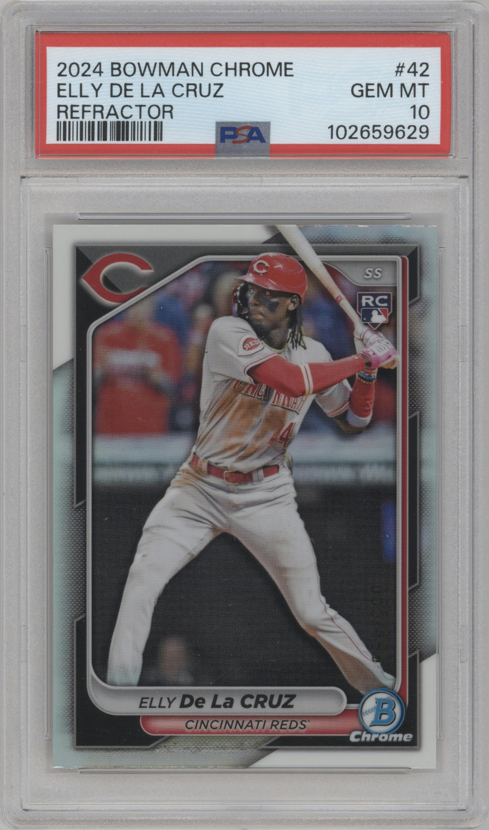 Elly De La Cruz from the 2024 Bowman Chrome set featuring a Refractor parallel graded by PSA and given an overall grade of 10.