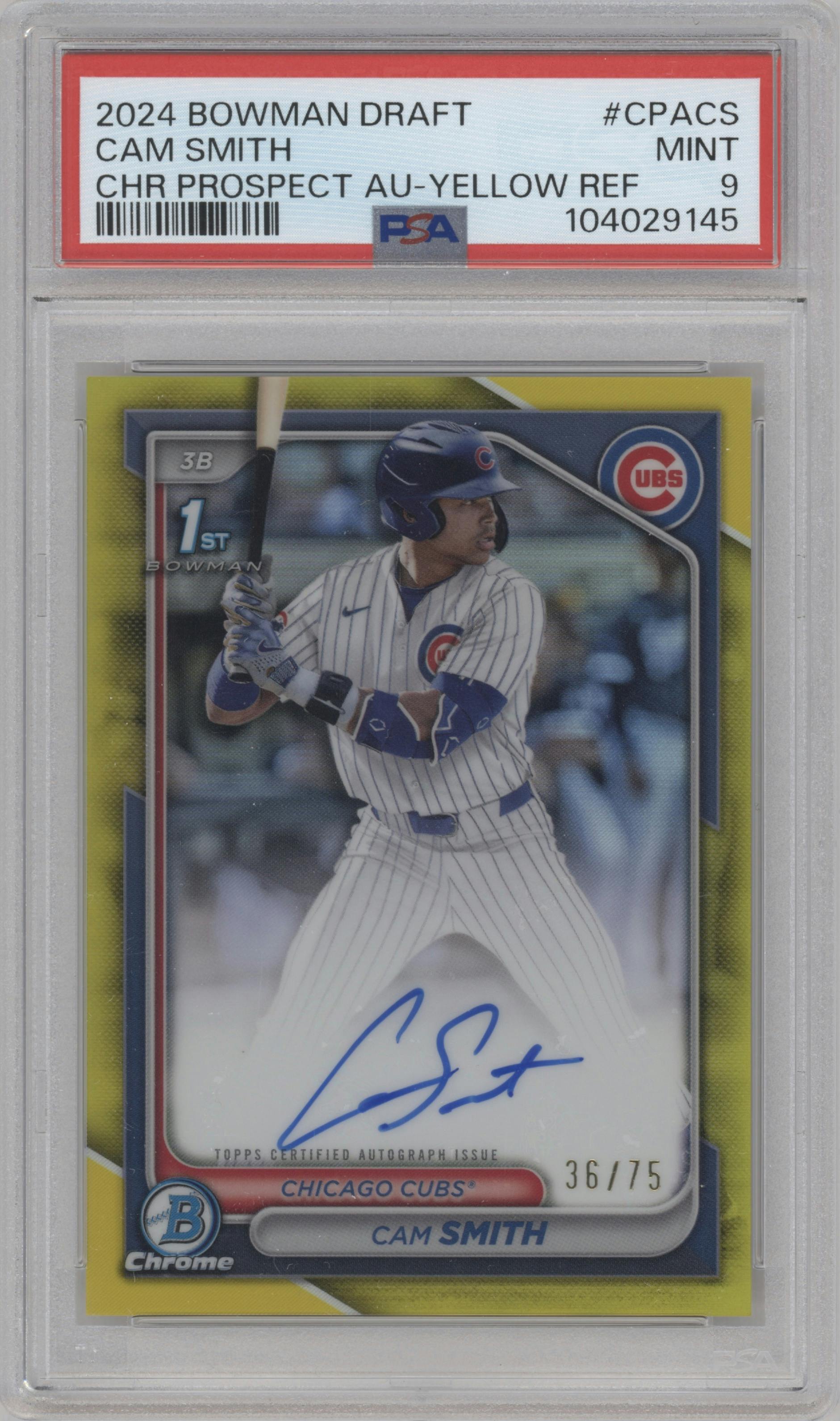 Cam Smith from the 2024 Bowman Draft set featuring a Yellow Refractor parallel graded by PSA and given an overall grade of 9.