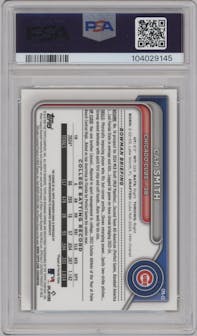 Cam Smith from the 2024 Bowman Draft set featuring a Yellow Refractor parallel graded by PSA and given an overall grade of 9.