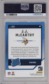 J.J. McCarthy from the 2024 Donruss set featuring a Press Proof Yellow parallel graded by PSA and given an overall grade of 10.