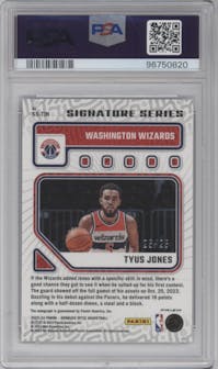 Tyus Jones from the 2023-24 Donruss Optic set featuring a Blue parallel graded by PSA and given an overall grade of 10.