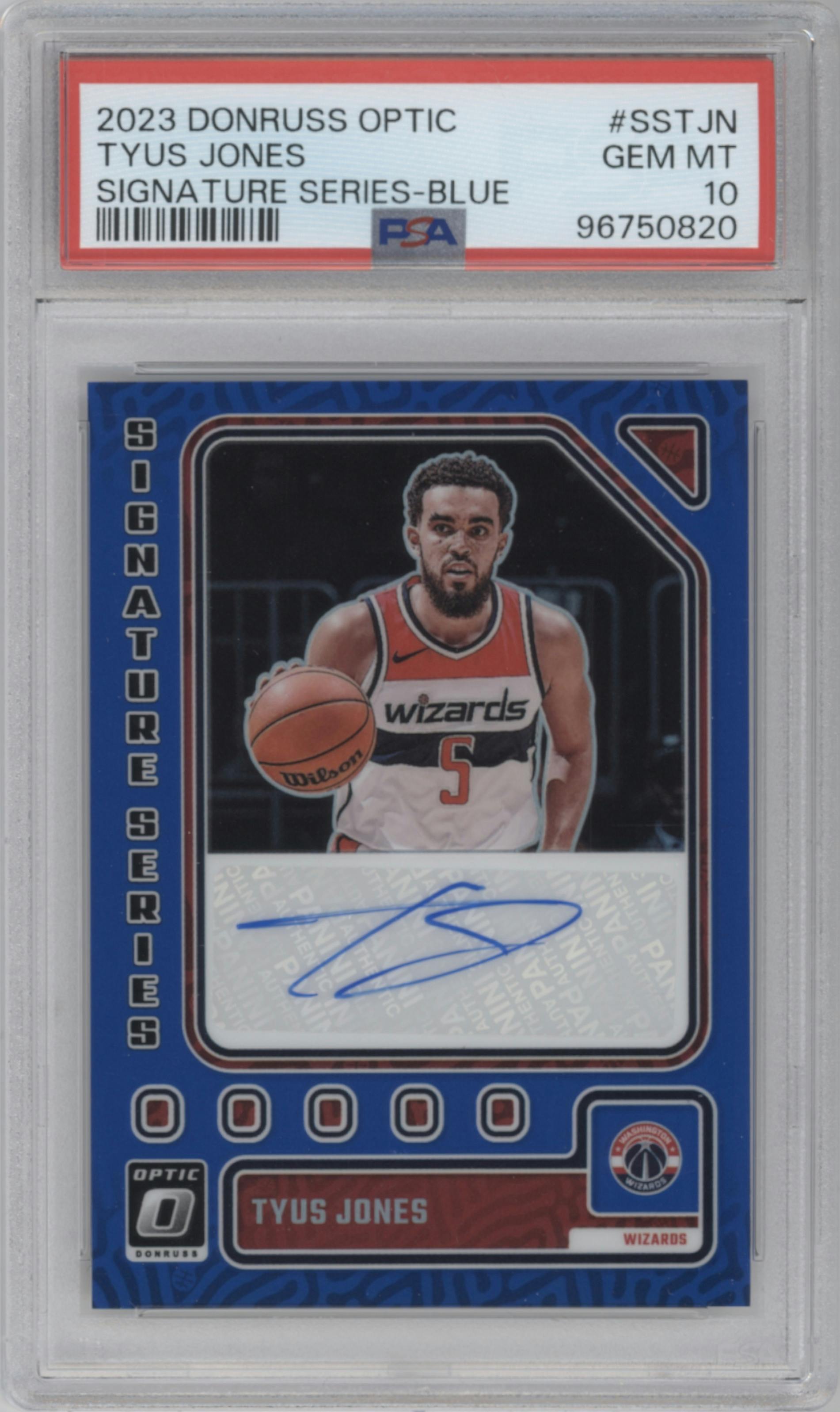 Tyus Jones from the 2023-24 Donruss Optic set featuring a Blue parallel graded by PSA and given an overall grade of 10.