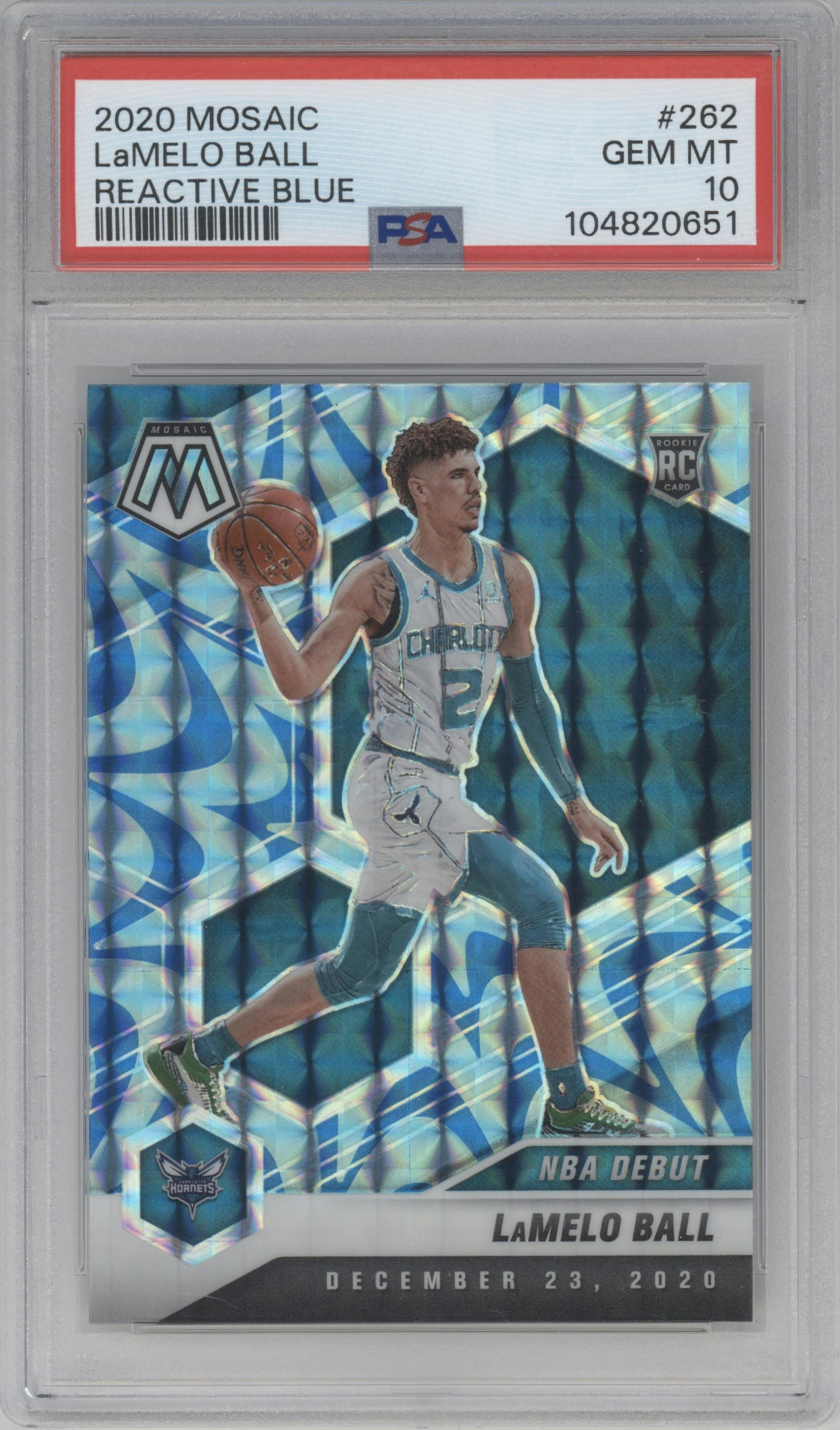 LaMelo Ball from the 2020-21 Panini Mosaic set featuring a Reactive Blue parallel graded by PSA and given an overall grade of 10.