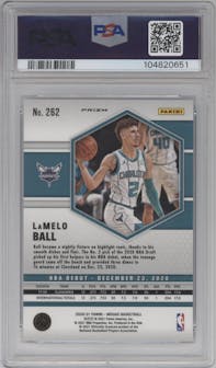 LaMelo Ball from the 2020-21 Panini Mosaic set featuring a Reactive Blue parallel graded by PSA and given an overall grade of 10.