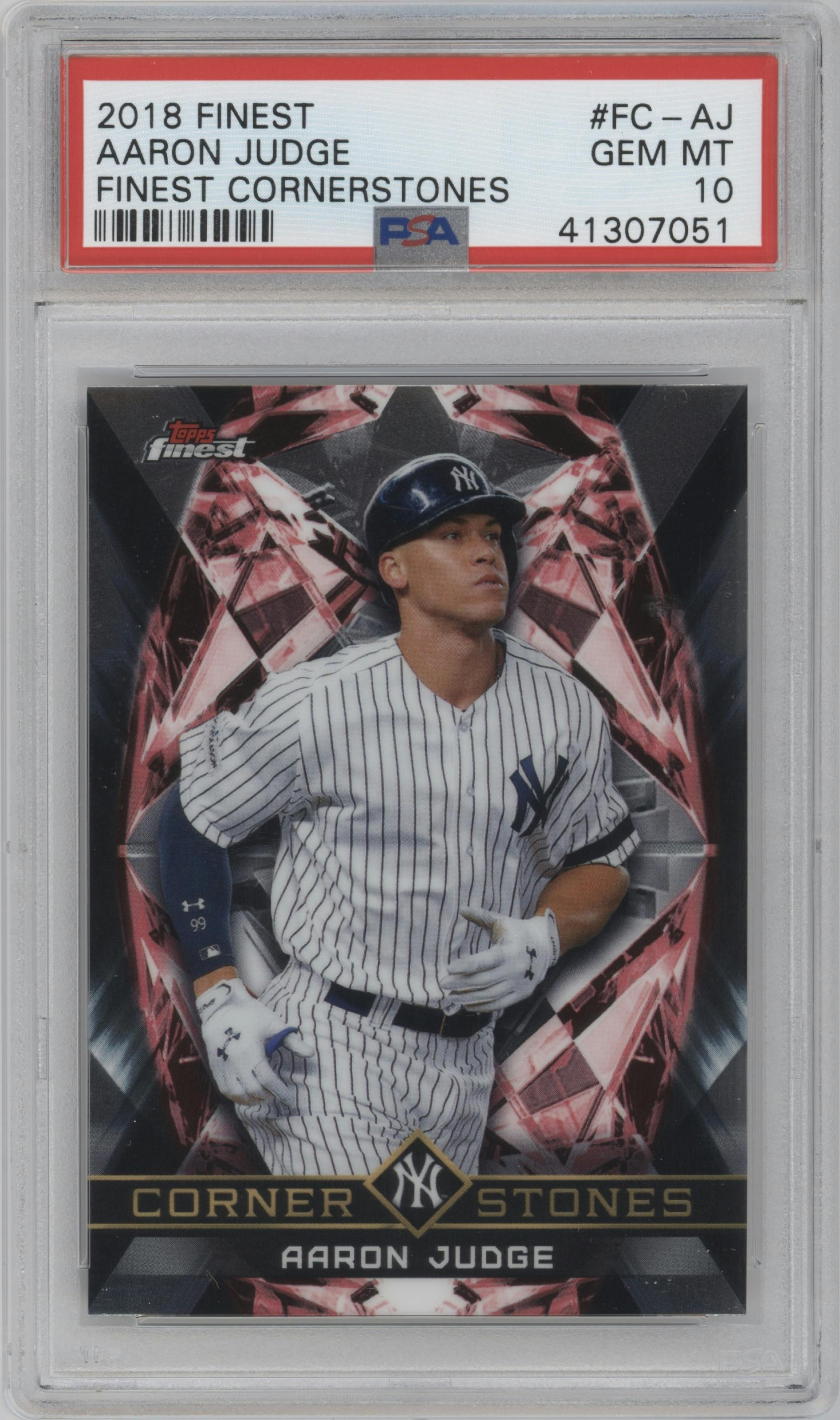 Aaron Judge from the 2018 Topps Finest set graded by PSA and given an overall grade of 10.