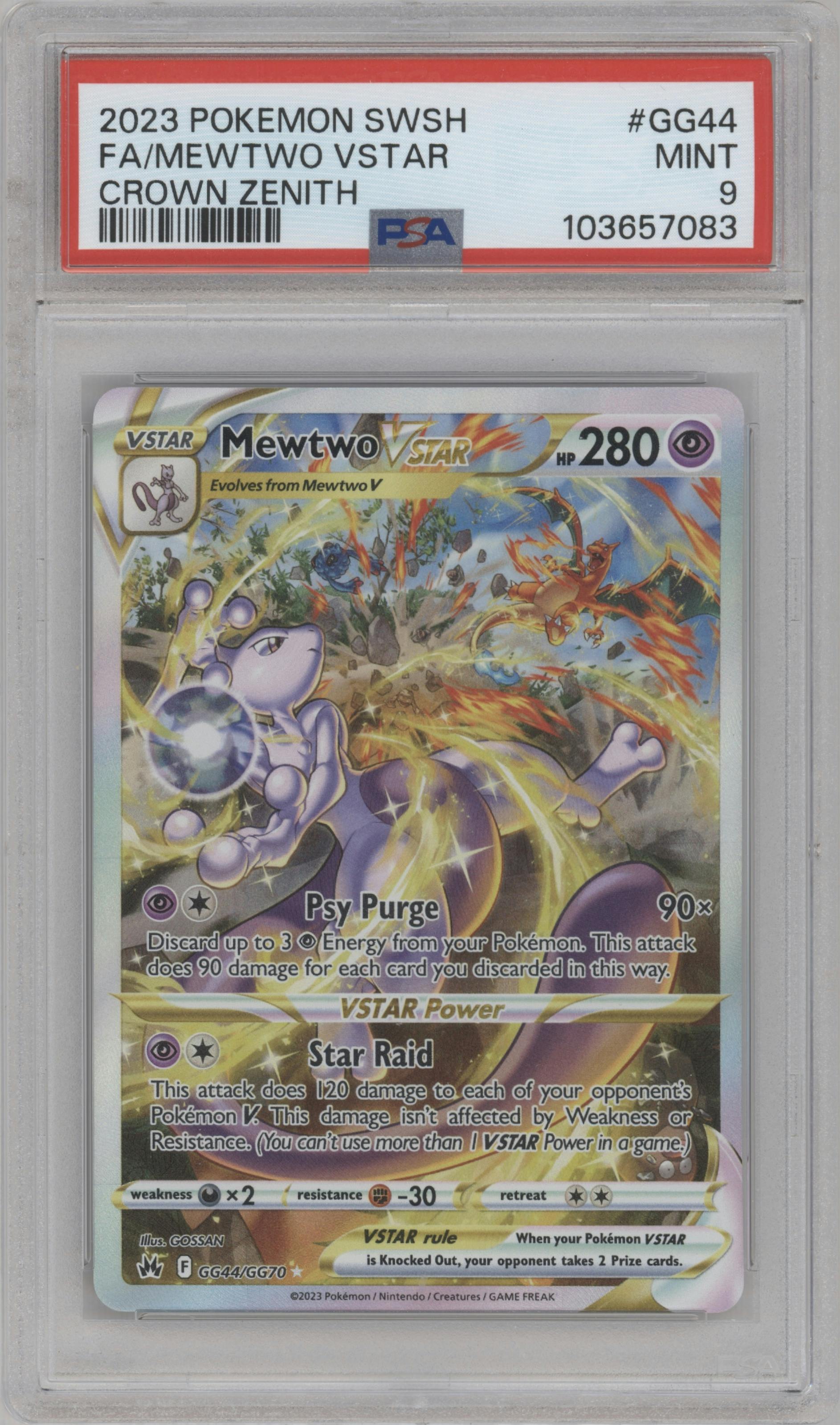 Mewtwo VSTAR from the 2023 Pokemon SWSH set graded by PSA and given an overall grade of 9.