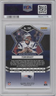 Tom Brady from the 2022 Panini Mosaic set featuring a Blue Sparkle parallel graded by PSA and given an overall grade of 10.