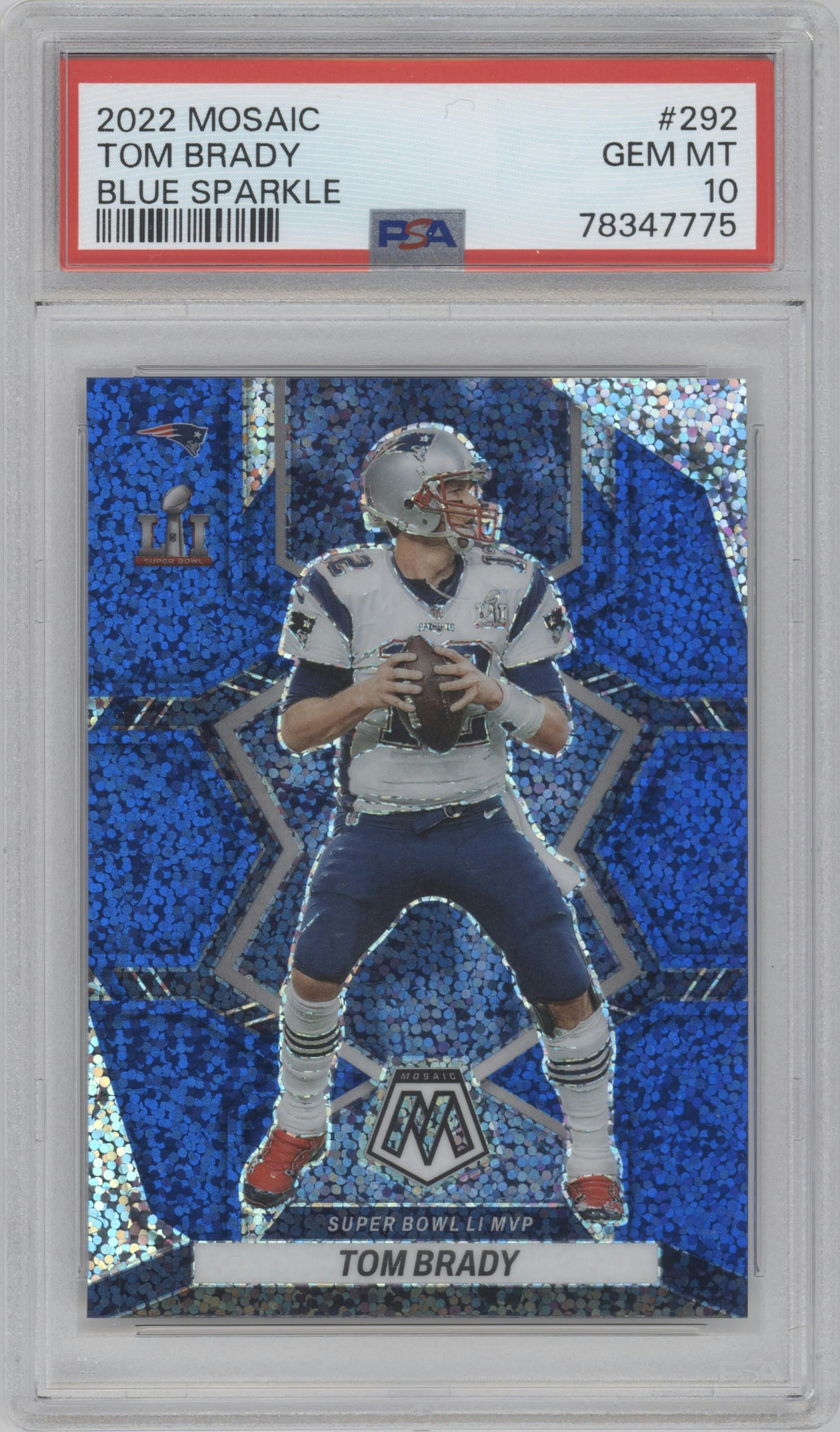 Tom Brady from the 2022 Panini Mosaic set featuring a Blue Sparkle parallel graded by PSA and given an overall grade of 10.