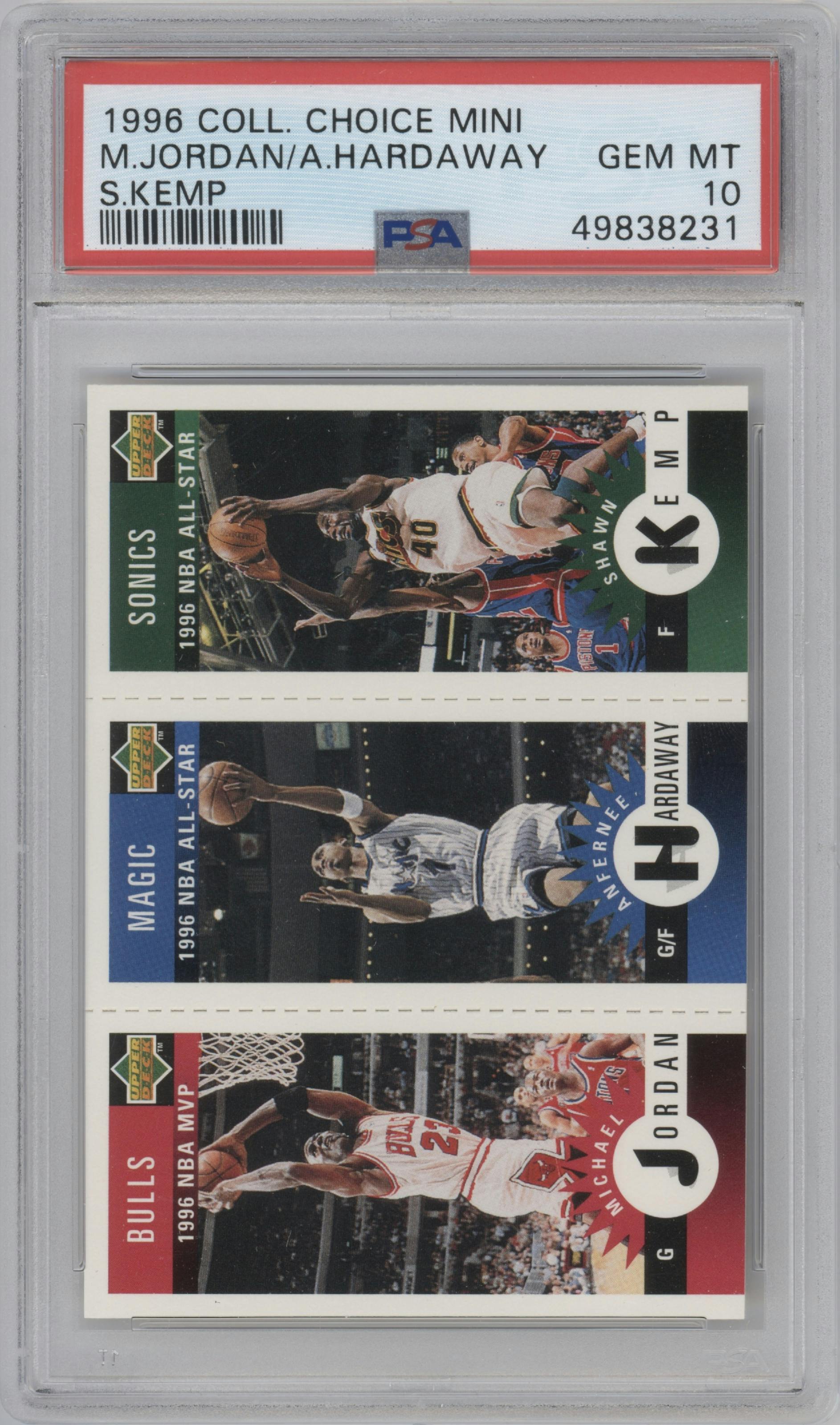 Michael Jordan/Anfernee Hardaway/Shawn Kemp from the 1996-97 Upper Deck Collector's Choice set graded by PSA and given an overall grade of 10.