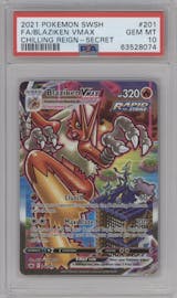 Blaziken VMAX from the 2021 Pokemon SWSH set graded by PSA and given an overall grade of 10.