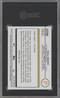 Paul Skenes from the 2024 Topps Update set featuring a Gold parallel graded by SGC and given an overall grade of 10.