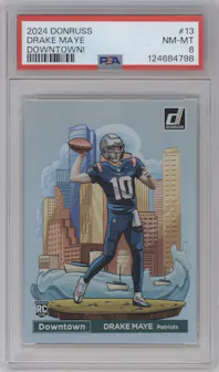 Drake Maye from the 2024 Donruss set graded by PSA and given an overall grade of 8.