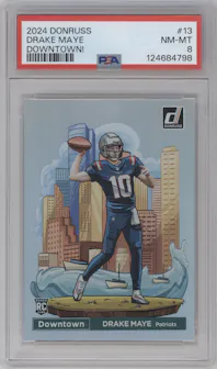 Drake Maye from the 2024 Donruss set graded by PSA and given an overall grade of 8.