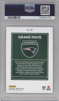 Drake Maye from the 2024 Donruss set graded by PSA and given an overall grade of 8.