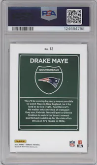 Drake Maye from the 2024 Donruss set graded by PSA and given an overall grade of 8.