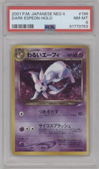 Dark Espeon from the 2001 Pokemon Neo 4 JPN set graded by PSA and given an overall grade of 8.