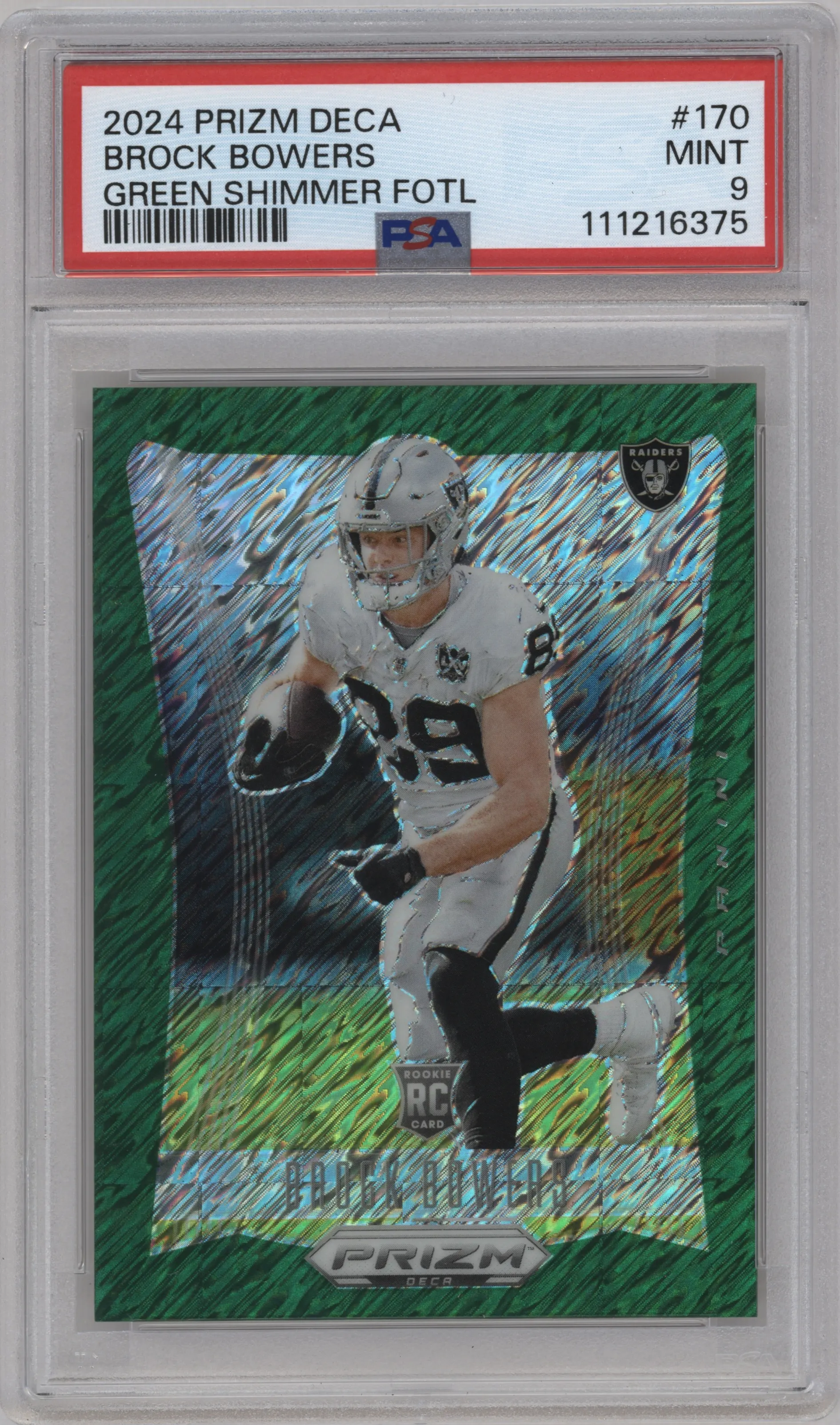 2024 Panini Prizm Deca Brock Bowers Green Shimmer Prizm FOTL PSA 9