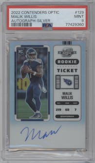 Malik Willis from the 2022 Panini Contenders Optic set featuring a Silver parallel graded by PSA and given an overall grade of 9.