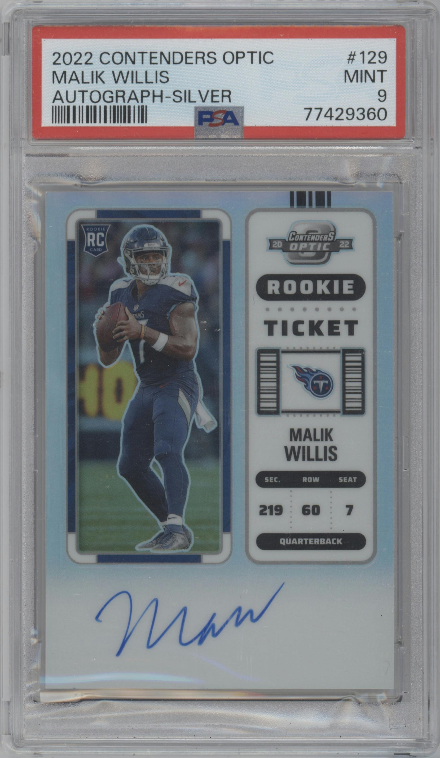 Malik Willis from the 2022 Panini Contenders Optic set featuring a Silver parallel graded by PSA and given an overall grade of 9.