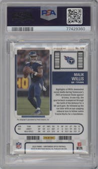 Malik Willis from the 2022 Panini Contenders Optic set featuring a Silver parallel graded by PSA and given an overall grade of 9.