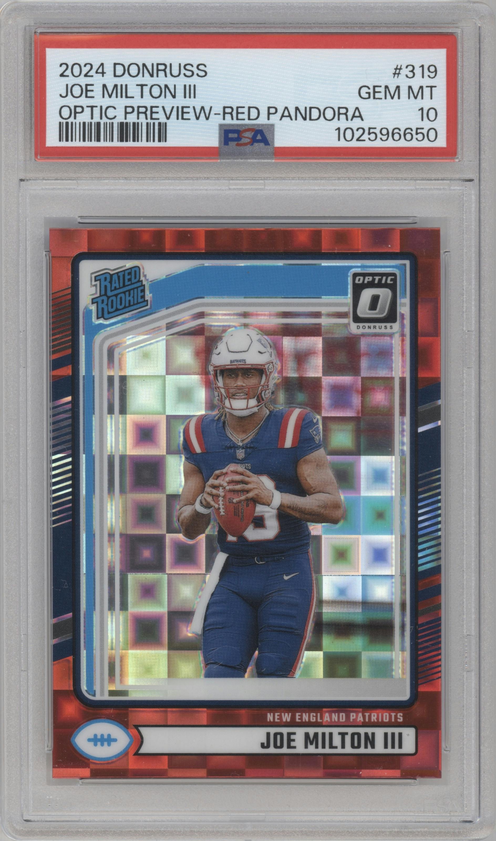 Joe Milton III  from the 2024 Donruss set featuring a Red Pandora parallel graded by PSA and given an overall grade of 10.