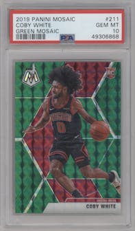 Coby White from the 2019-20 Panini Mosaic  set featuring a Green Mosaic parallel graded by PSA and given an overall grade of 10.