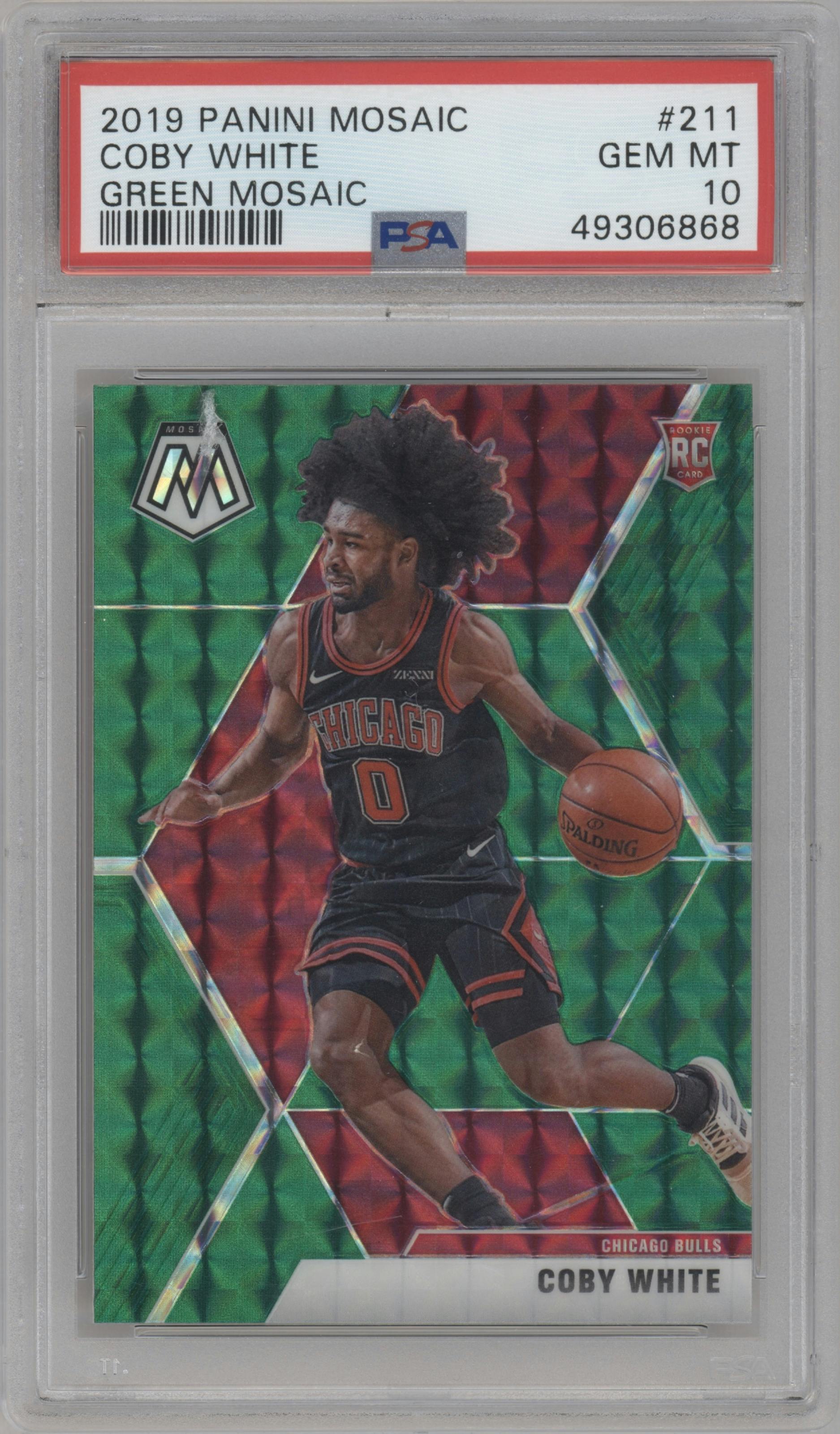 Coby White from the 2019-20 Panini Mosaic  set featuring a Green Mosaic parallel graded by PSA and given an overall grade of 10.