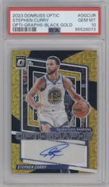 Stephen Curry from the 2023-24 Donruss Optic set featuring a Black Gold parallel graded by PSA and given an overall grade of 10.