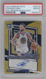 Stephen Curry from the 2023-24 Donruss Optic set featuring a Black Gold parallel graded by PSA and given an overall grade of 10.