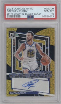 Stephen Curry from the 2023-24 Donruss Optic set featuring a Black Gold parallel graded by PSA and given an overall grade of 10.