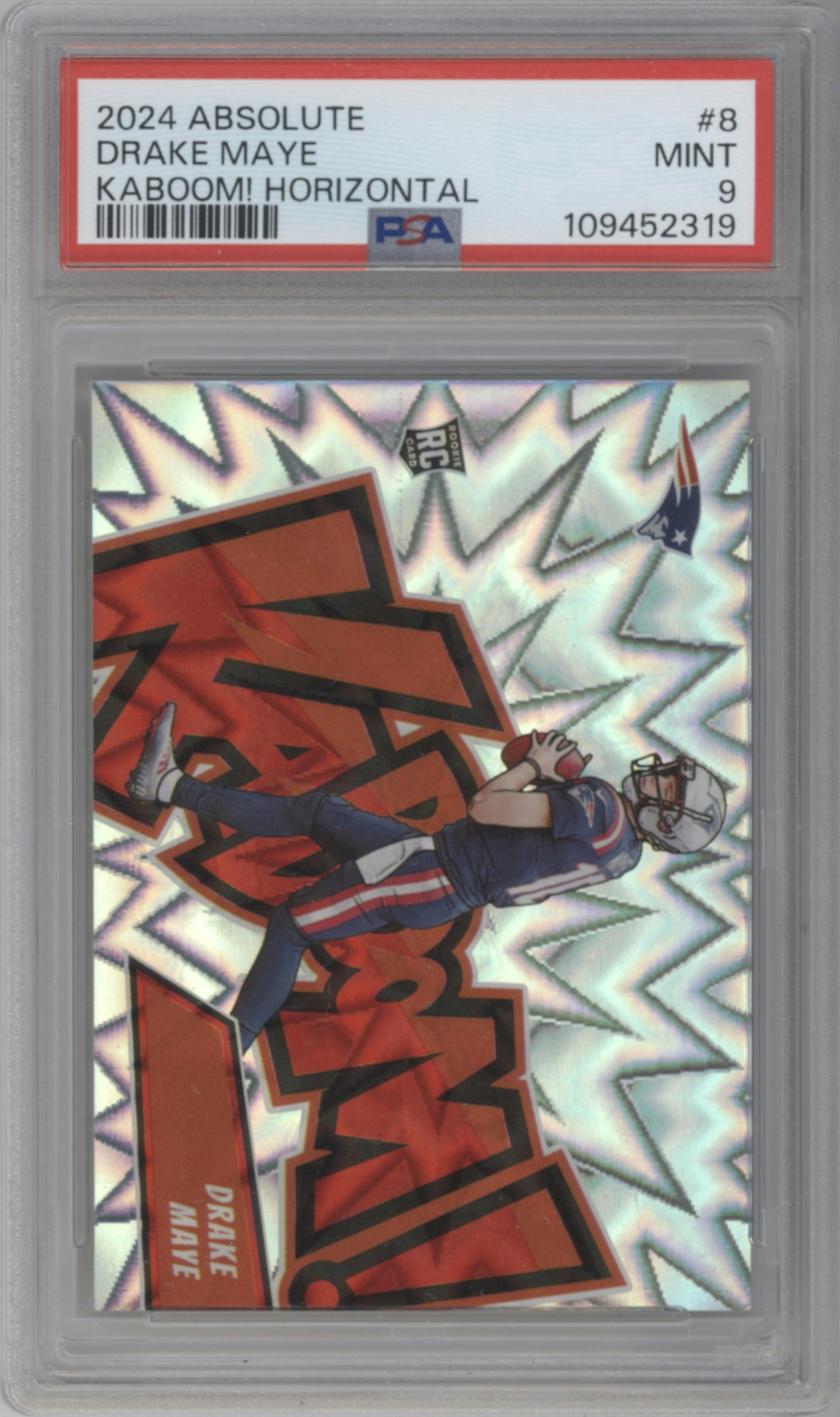 Drake Maye from the 2024 Panini Absolute set graded by PSA and given an overall grade of 9.