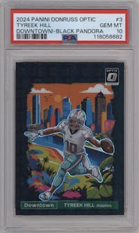 Tyreek Hill from the 2024 Donruss Optic set featuring a Black Pandora parallel graded by PSA and given an overall grade of 10.