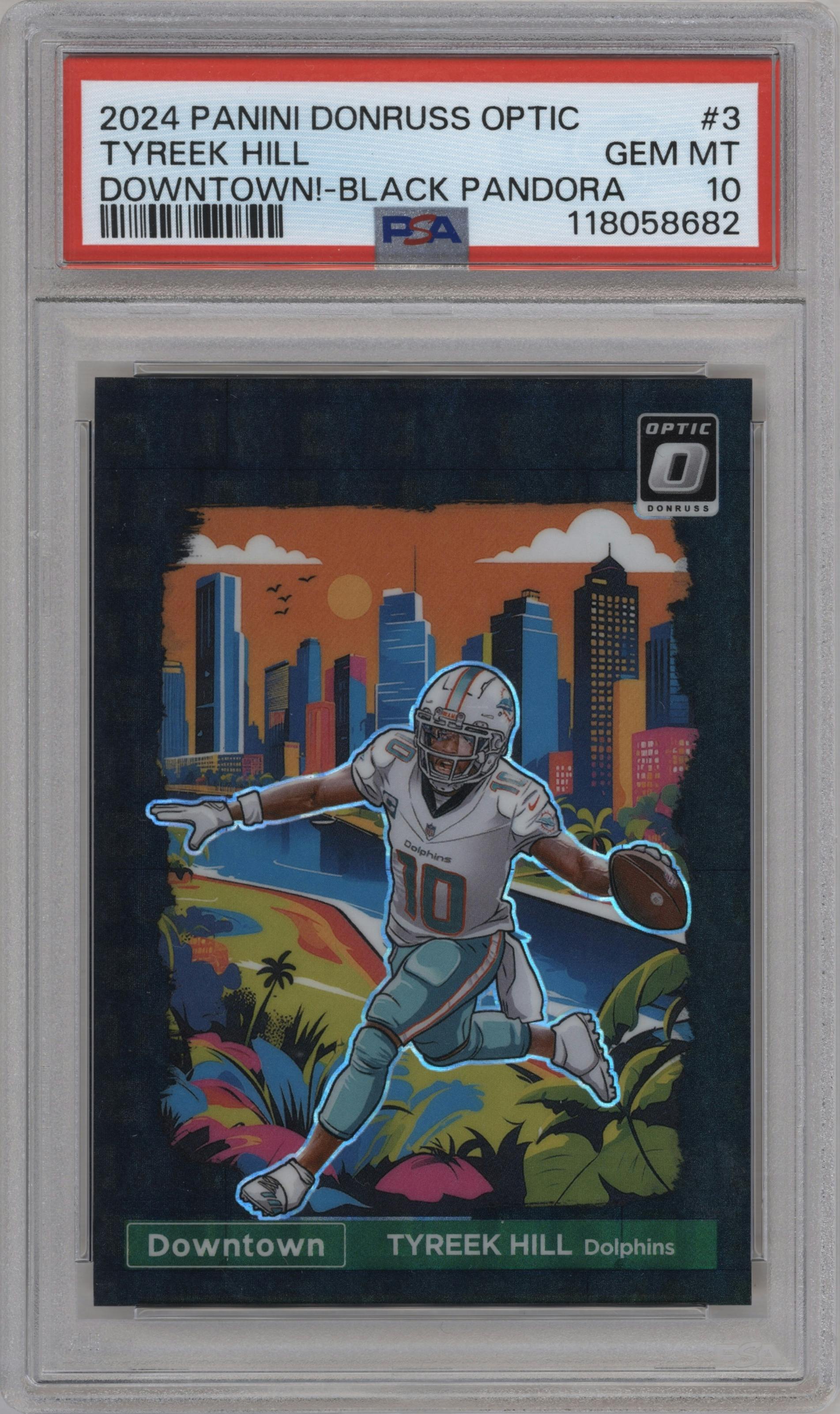 Tyreek Hill from the 2024 Donruss Optic set featuring a Black Pandora parallel graded by PSA and given an overall grade of 10.