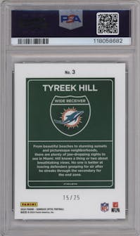 Tyreek Hill from the 2024 Donruss Optic set featuring a Black Pandora parallel graded by PSA and given an overall grade of 10.