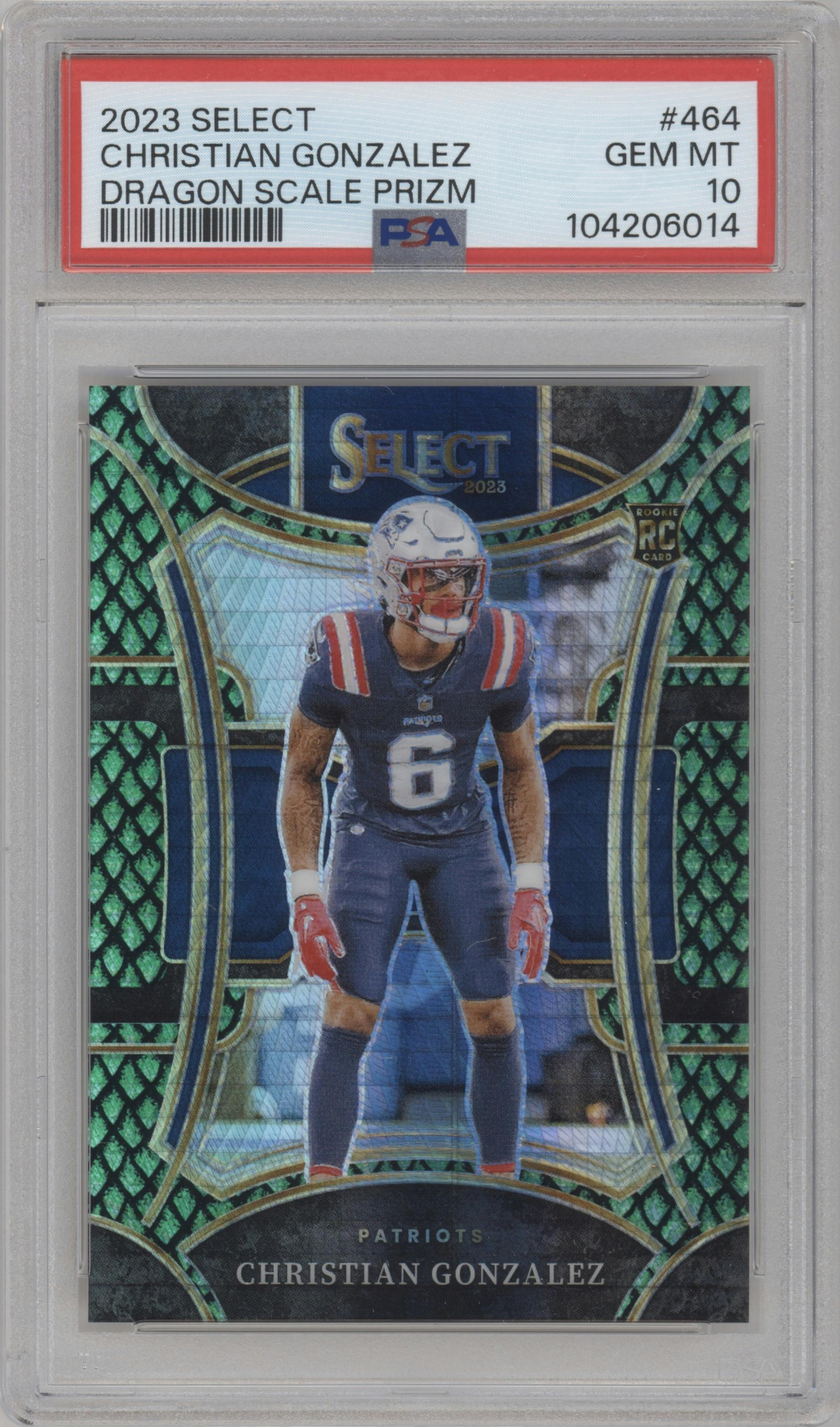 Christian Gonzalez  from the 2023 Panini Select set featuring a Dragon Scale parallel graded by PSA and given an overall grade of 10.