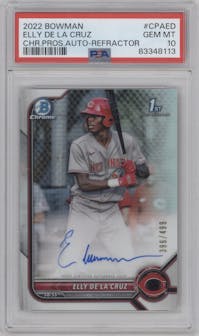 Elly De La Cruz from the 2022 Bowman set featuring a Refractor  parallel graded by PSA and given an overall grade of 10.