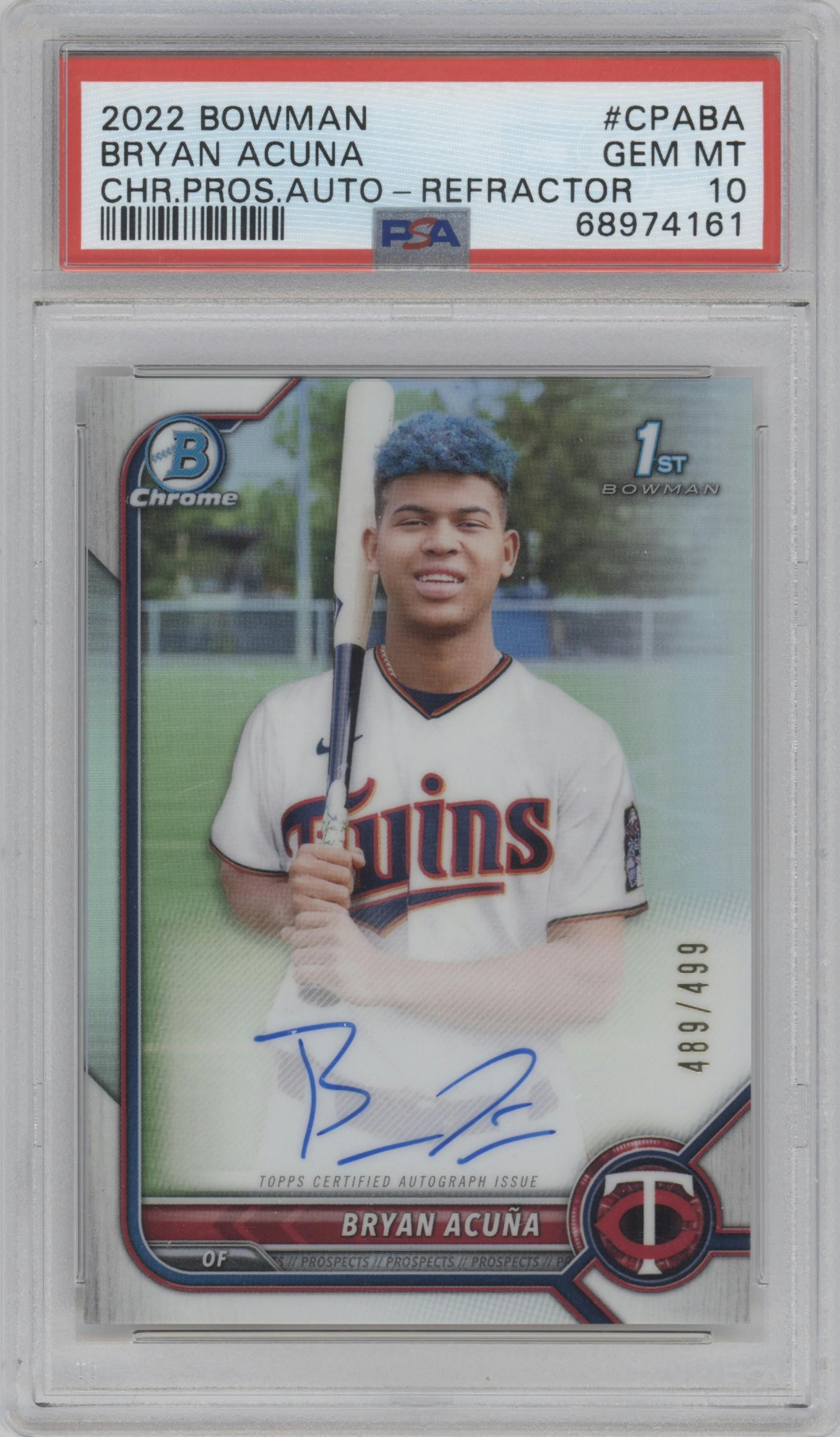 Bryan Acuna from the 2022 Bowman set featuring a Refractor  parallel graded by PSA and given an overall grade of 10.