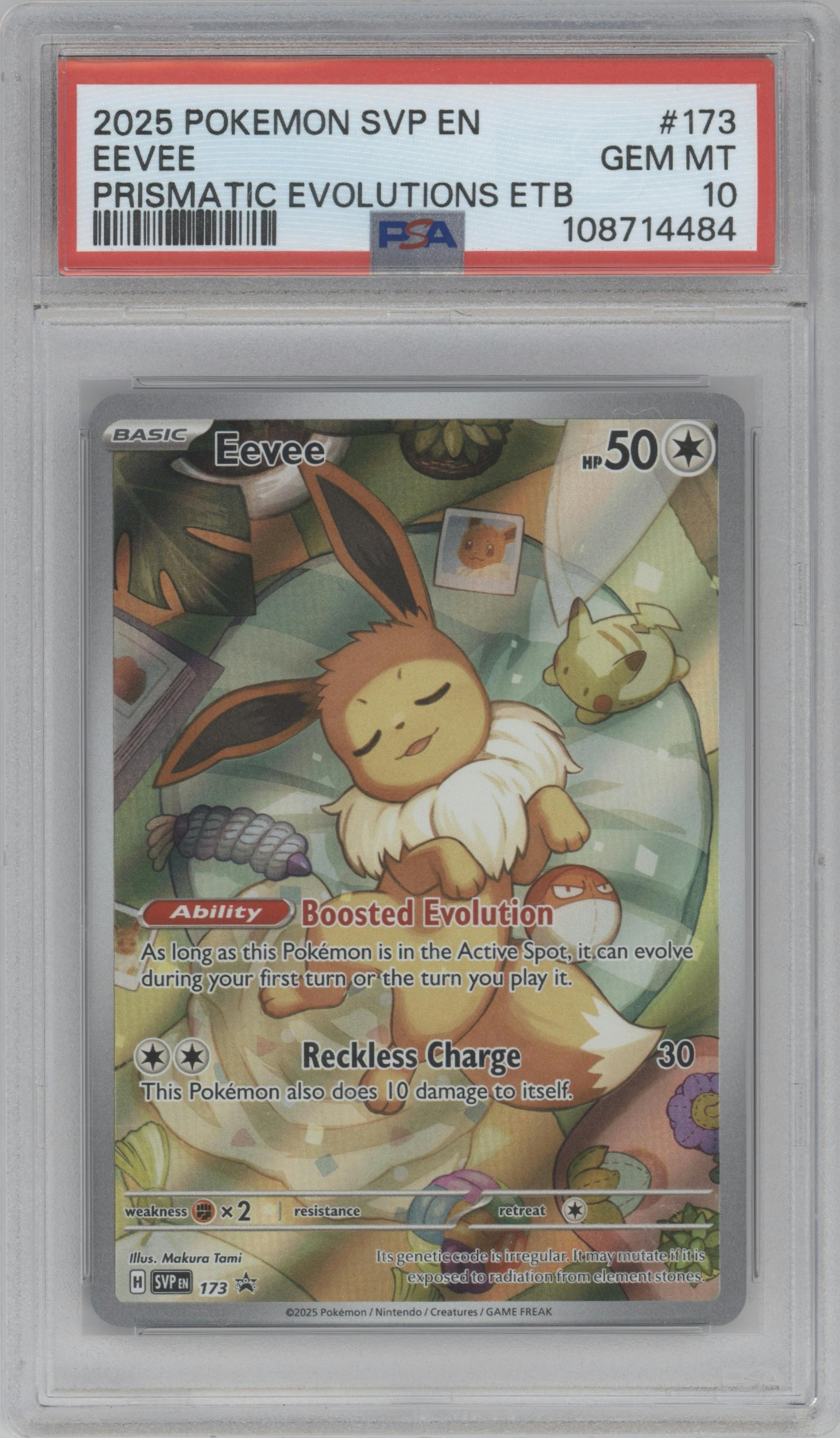 Eevee from the 2025 Pokemon SV set featuring a Prismatic Evolutions Elite Trainer Box parallel graded by PSA and given an overall grade of 10.