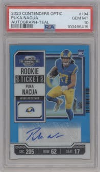 Puka Nacua from the 2023 Panini Contenders Optic set featuring a Teal parallel graded by PSA and given an overall grade of 10.