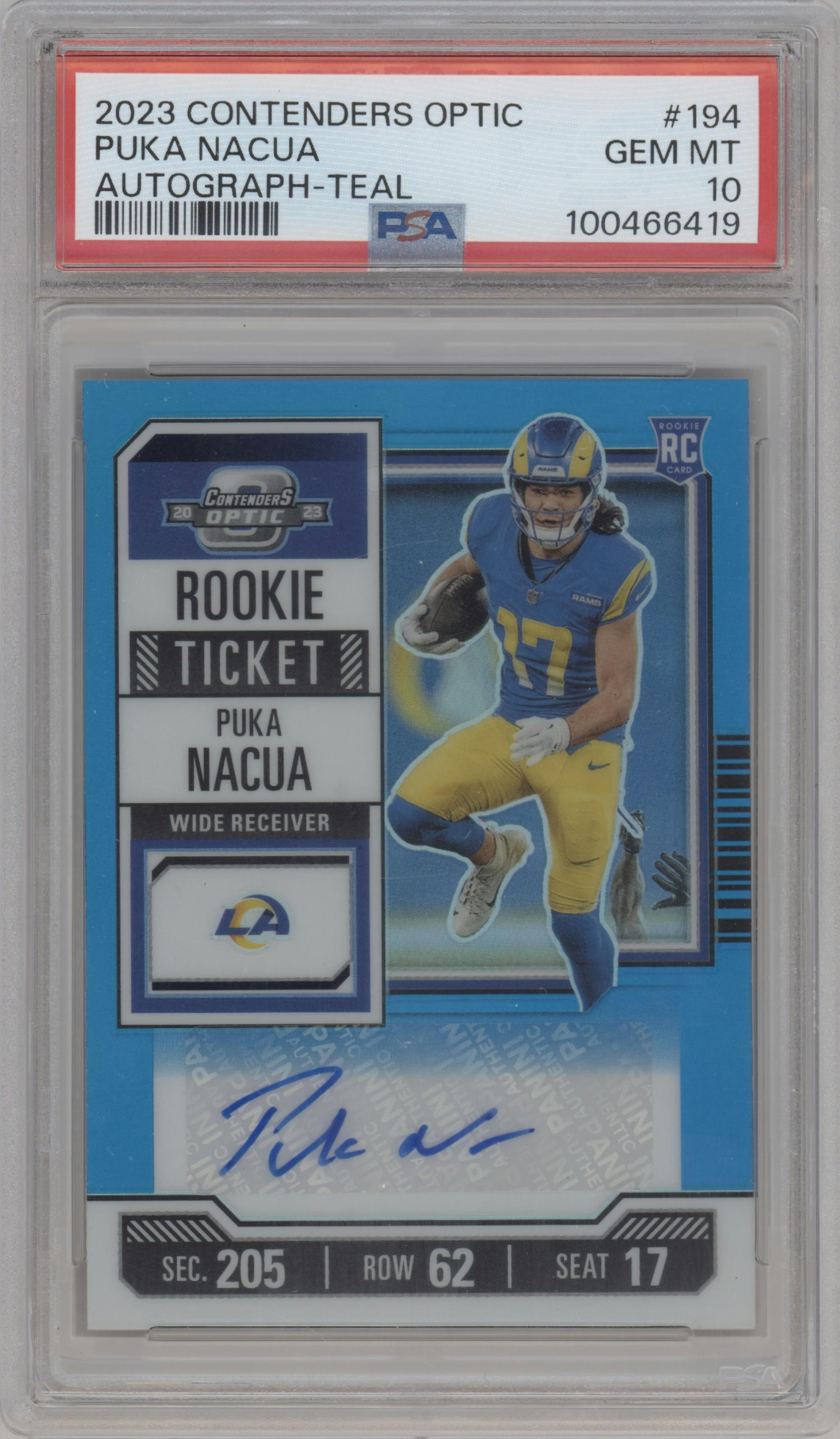 Puka Nacua from the 2023 Panini Contenders Optic set featuring a Teal parallel graded by PSA and given an overall grade of 10.