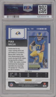 Puka Nacua from the 2023 Panini Contenders Optic set featuring a Teal parallel graded by PSA and given an overall grade of 10.