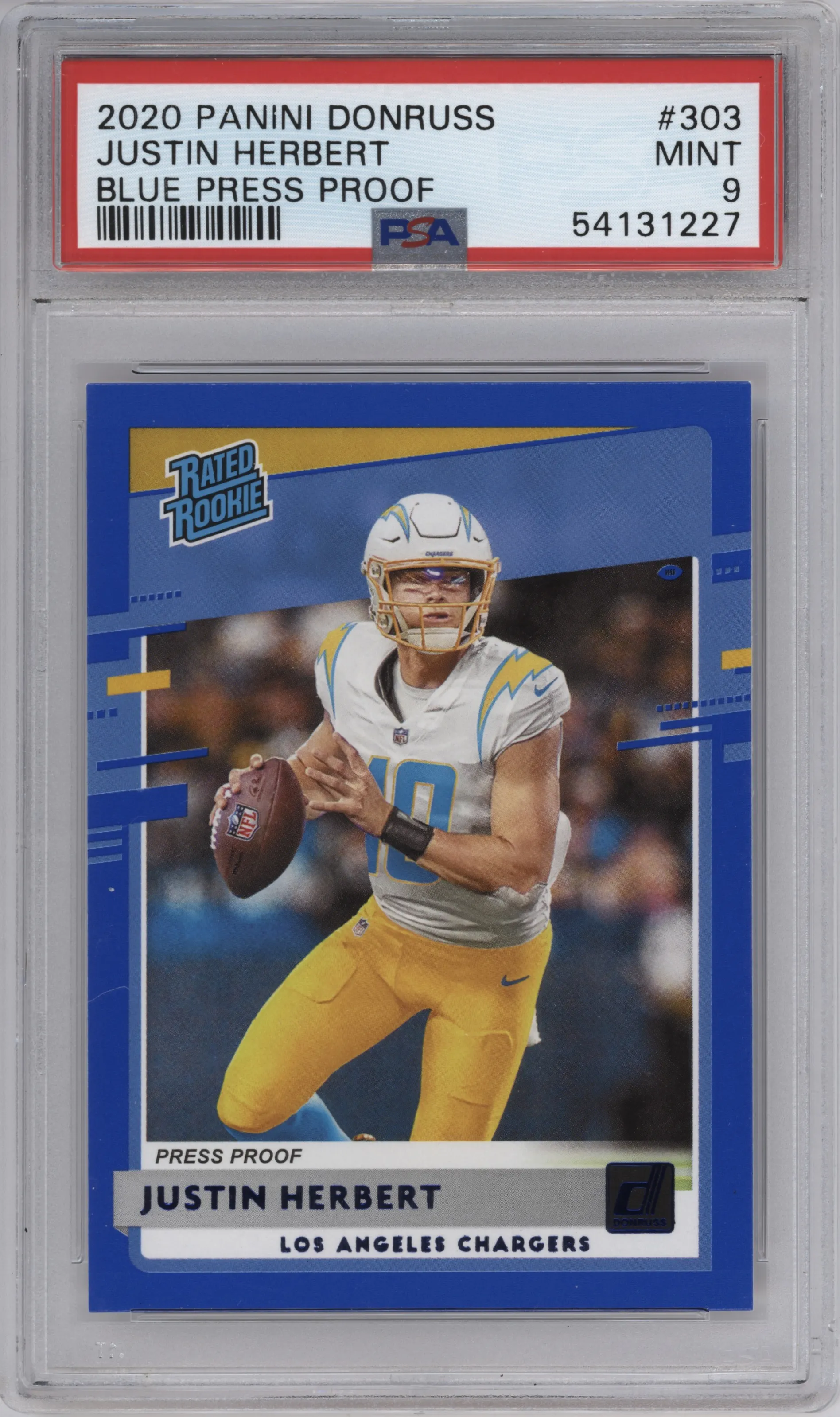 2020 Panini Donruss Rated Rookie Justin Herbert Press Proof Blue PSA 9