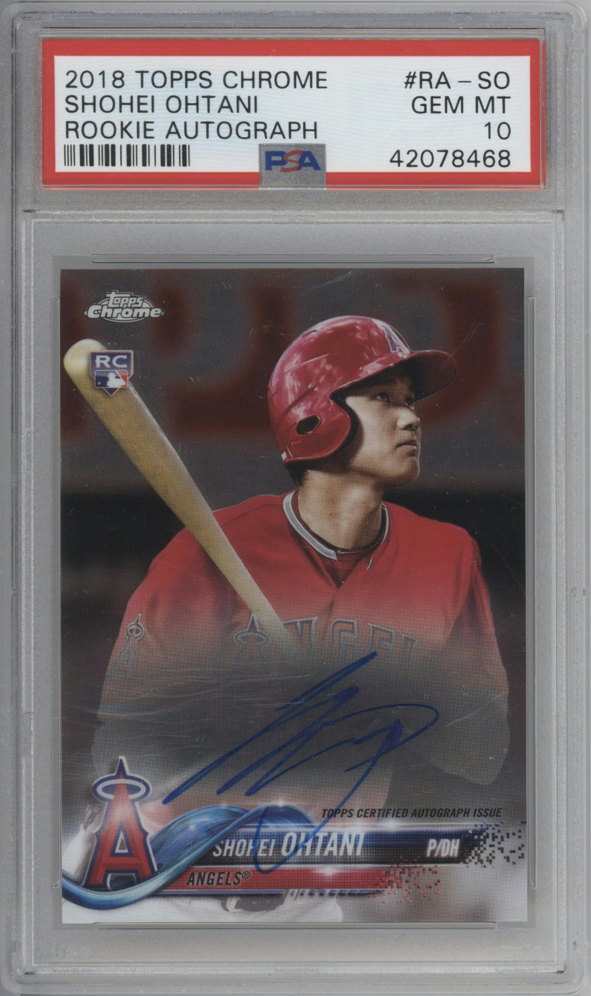 Shohei Ohtani from the 2018 Topps Chrome set graded by PSA and given an overall grade of 10.