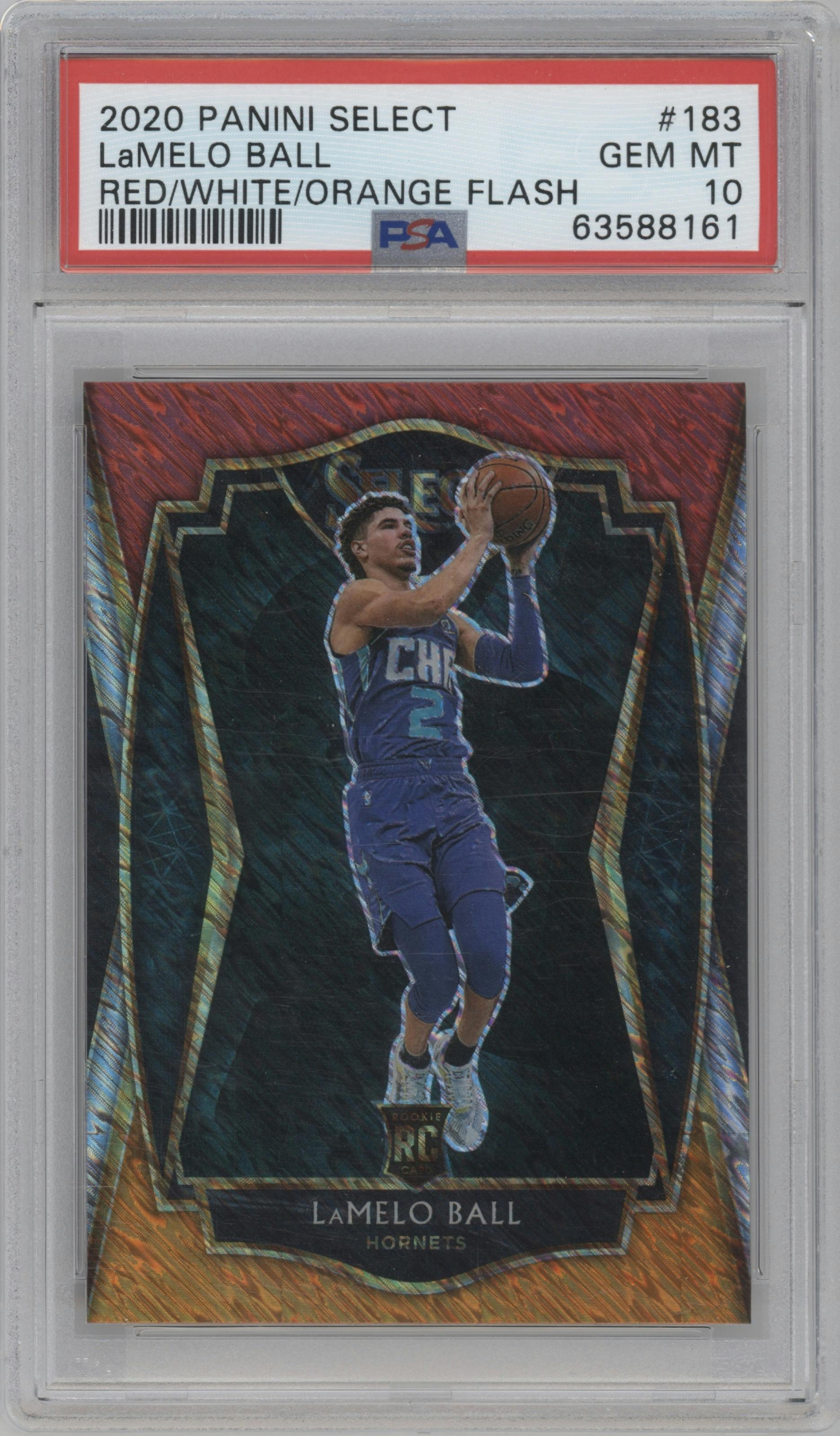 LaMelo Ball from the 2020-21 Panini Select  set featuring a Red/White/Orange Shimmer parallel graded by PSA and given an overall grade of 10.