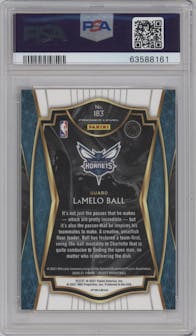 LaMelo Ball from the 2020-21 Panini Select  set featuring a Red/White/Orange Shimmer parallel graded by PSA and given an overall grade of 10.