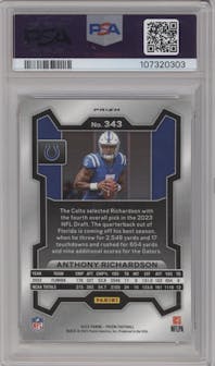 Anthony Richardson from the 2023 Panini Prizm set featuring a Silver Prizm parallel graded by PSA and given an overall grade of 10.