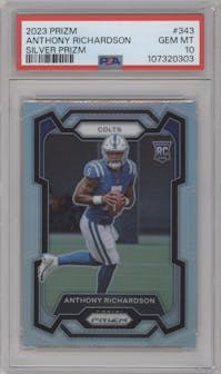 Anthony Richardson from the 2023 Panini Prizm set featuring a Silver Prizm parallel graded by PSA and given an overall grade of 10.