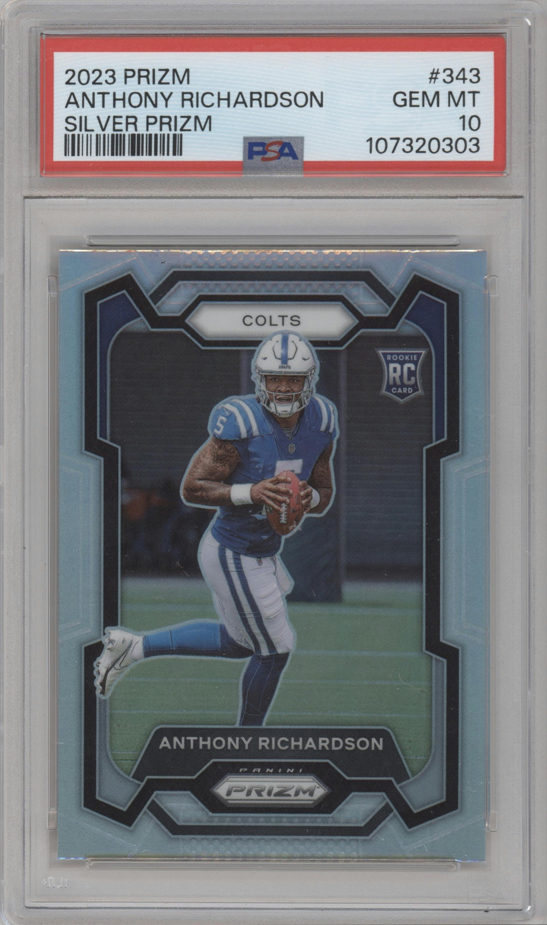 Anthony Richardson from the 2023 Panini Prizm set featuring a Silver Prizm parallel graded by PSA and given an overall grade of 10.
