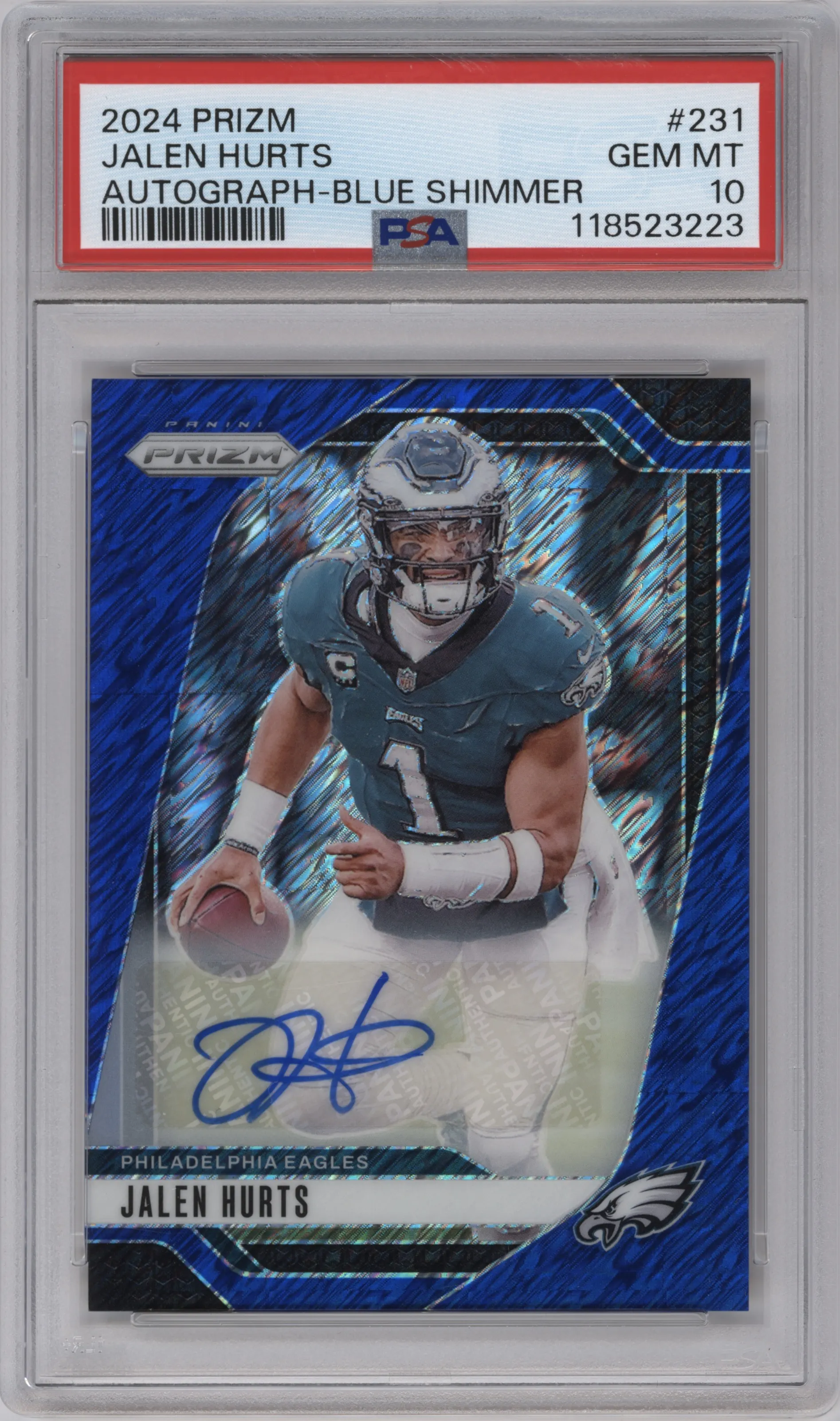 2024 Panini Prizm Auto Jalen Hurts Blue Shimmer #231 PSA 10